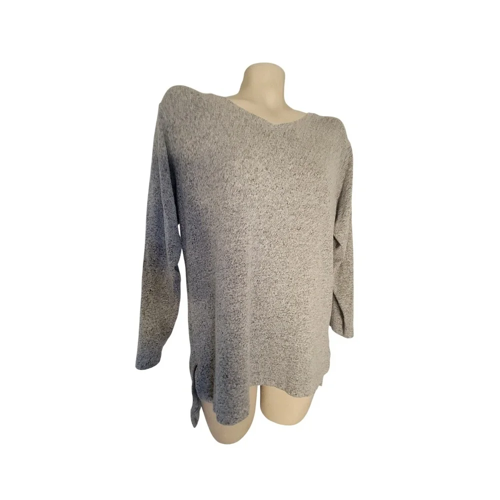 Lou & Grey Womens XS Grey‎ Marled V-Neck Knit Tunic Sweater Side Slit oversized